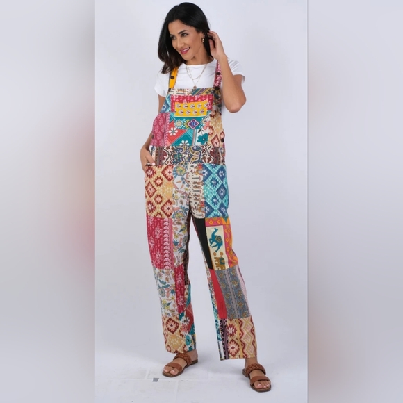Sacred Threads Pants - SACRED THREADS Free Spirit Hippie Patchwork Overalls Size L/XL W/pockets